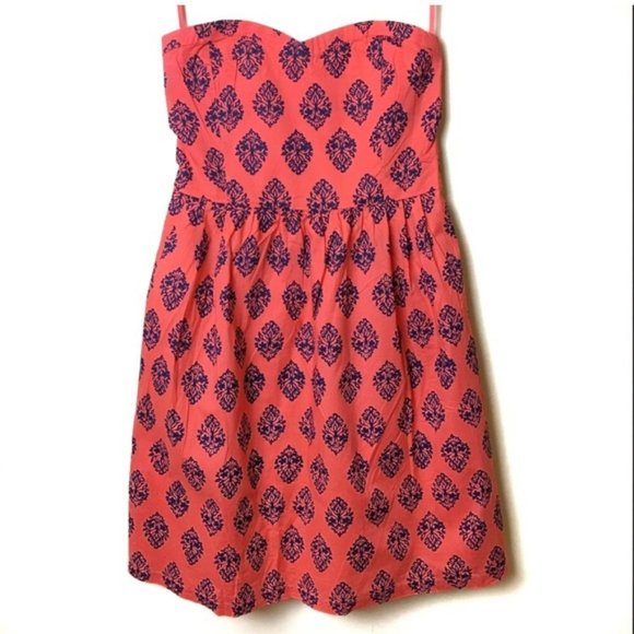 Old Navy Bright Orange and Navy Blue Printed Strapless Dress Size 12 - Picture 2 of 9